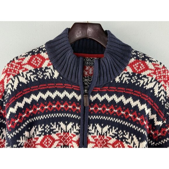 IZOD Men's 1/4 Zip Sweater Size XL Fair Isle Heavy Knit Ski Holiday Preppy - Picture 2 of 8
